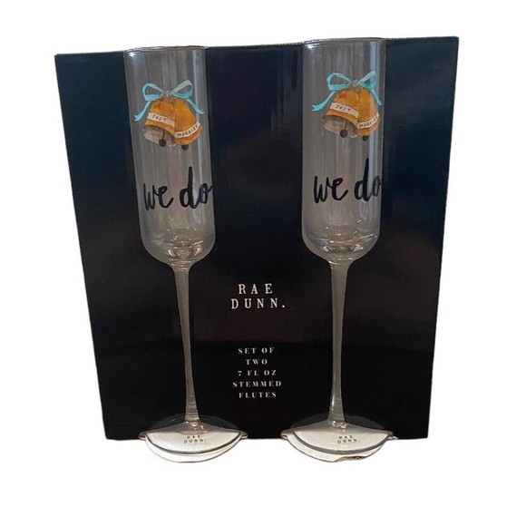 Rae Dunn NEW! Set of Two WE DO Wedding Champagne Flutes Glasses Just Married - Picture 1 of 4